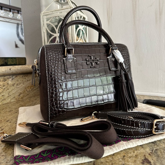 New ❤️ Tory Burch Thea Web Small Satchel Crossbody Bag (brown) - Picture 2 of 12